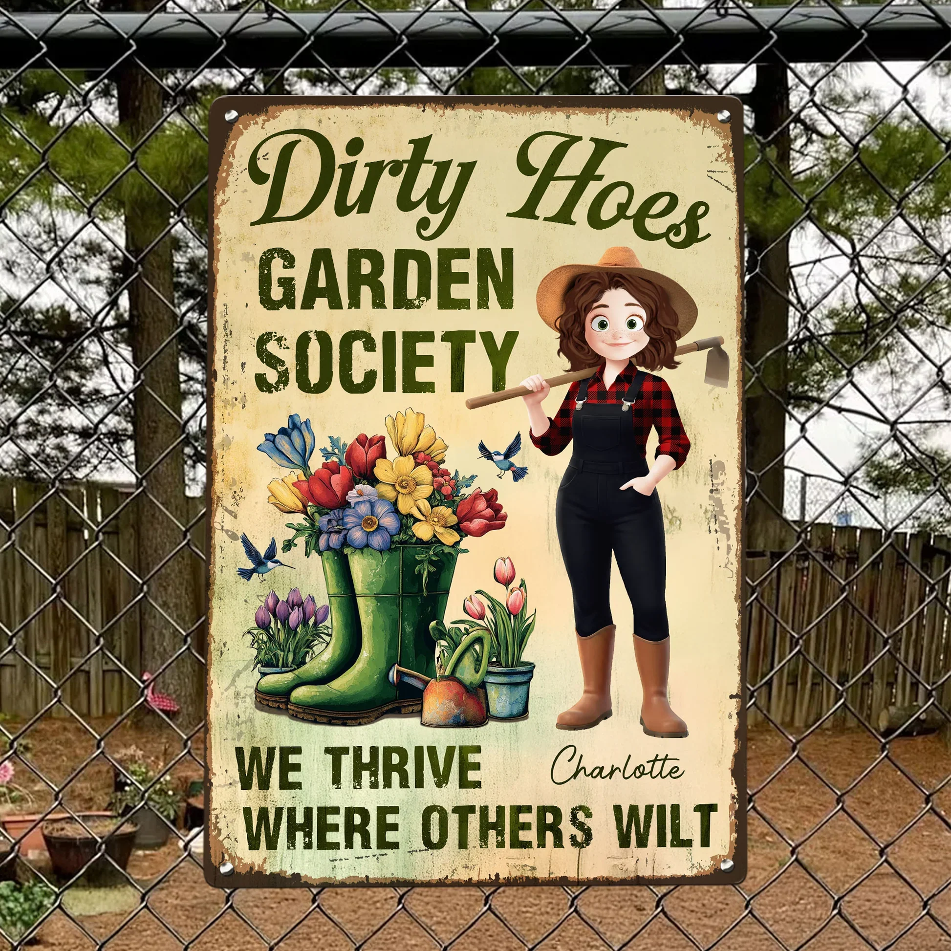 Personalized Rectangular Iron Sign Dirty Hoes Garden Society Funny Vintage Garden Decor, Unique Gift for Plant Lovers - Image 3