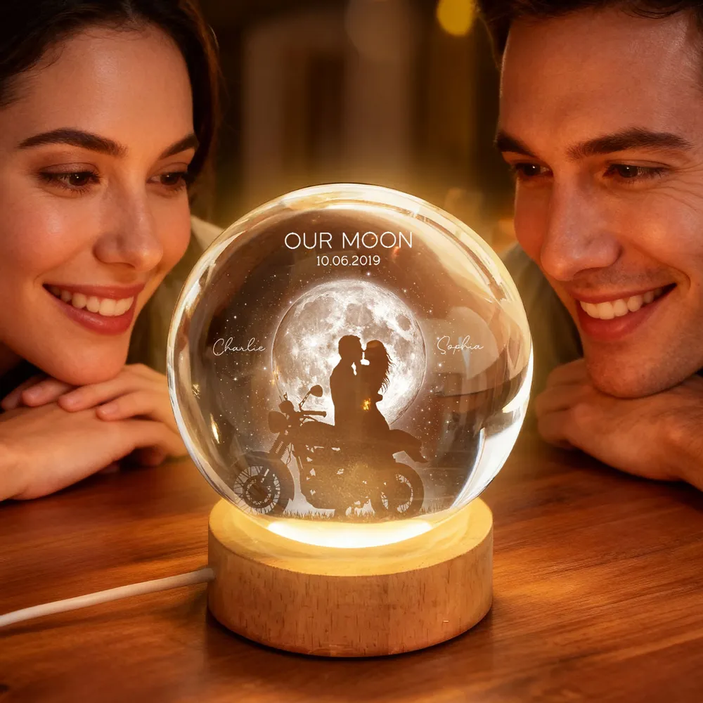 Personalized Globe Lamp with Kissing Biker Couple in Moonlight, Unique Romantic Gift for Him or Her - Image 7