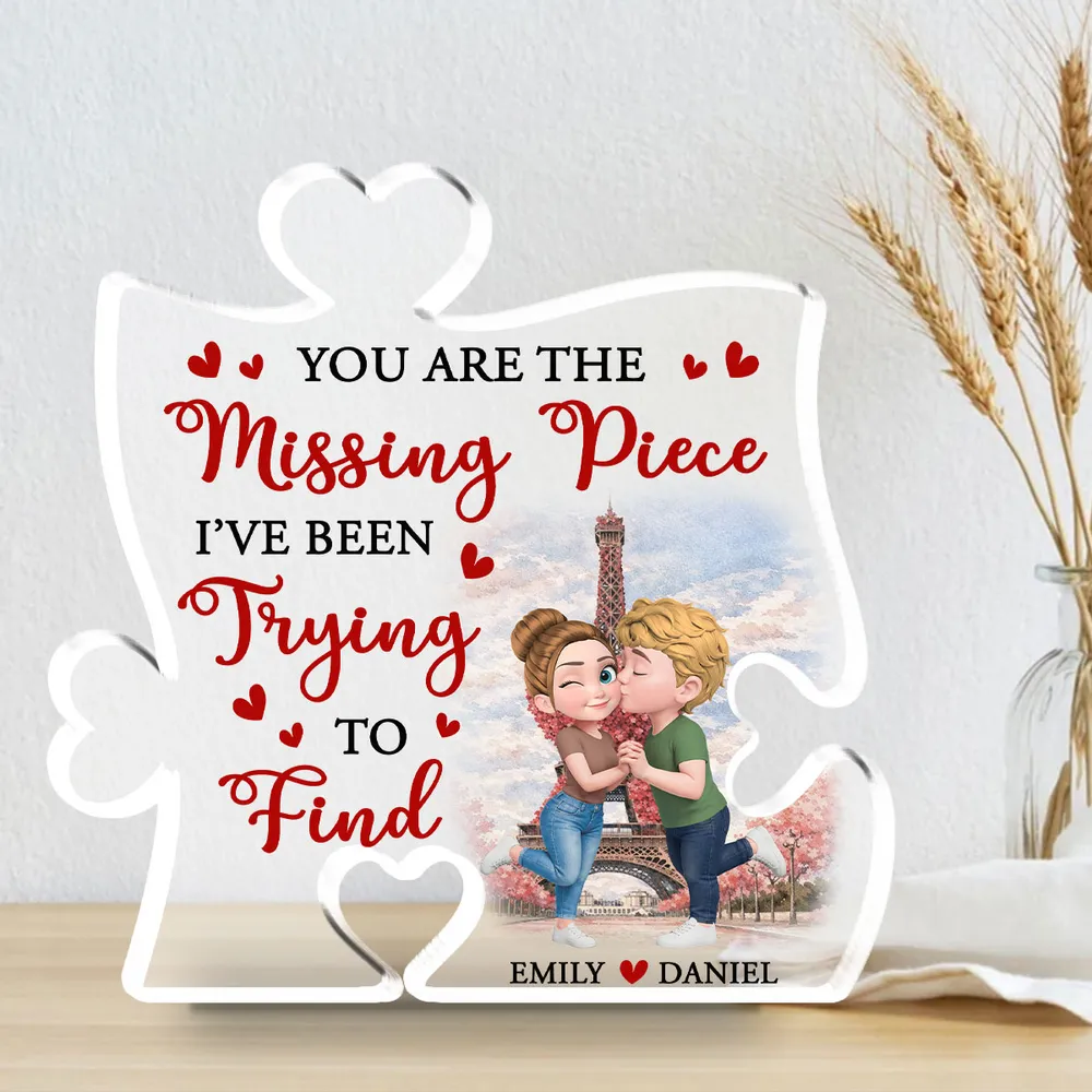 Personalized Puzzle Acrylic Block Plaque You Are The Missing Piece Cute Cartoon Couple Kissing, Unique Anniversary Gift - Image 2