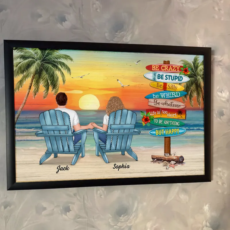 Personalized Beach Sunset Couple Poster, Holding Hands in Adirondack Chairs, Life is Too Short But Happy, Unique Gift - Image 3