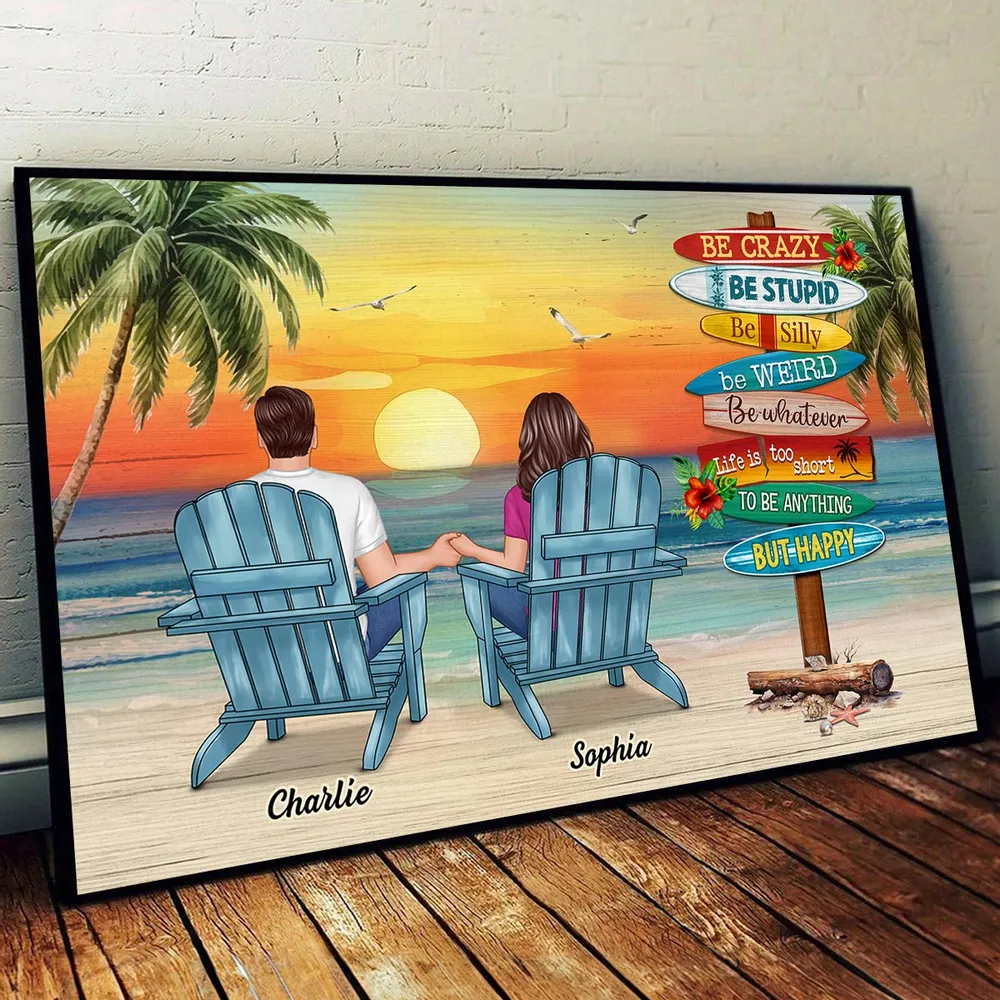 Personalized Beach Sunset Couple Poster, Holding Hands in Adirondack Chairs, Life is Too Short But Happy, Unique Gift - Image 6