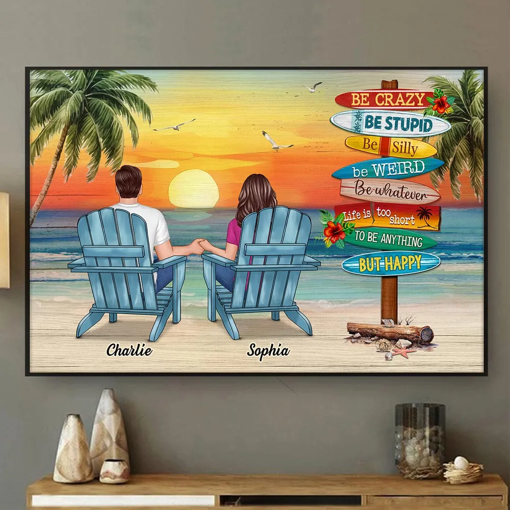 Personalized Beach Sunset Couple Poster, Holding Hands in Adirondack Chairs, Life is Too Short But Happy, Unique Gift - Image 7