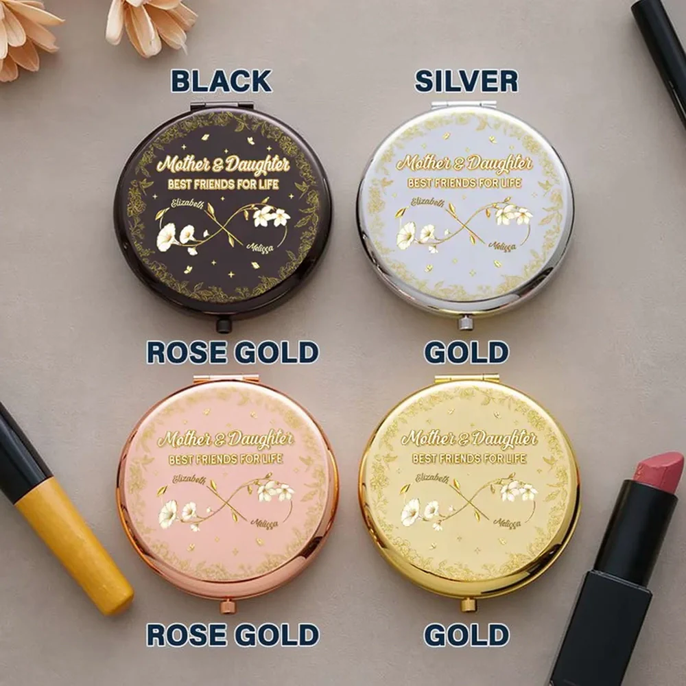 Mother & Daughter Forever Linked Together Metal Compact Mirror, Personalized Floral Pocket Mirror, Sweet Everyday Gift for Mom - Image 3