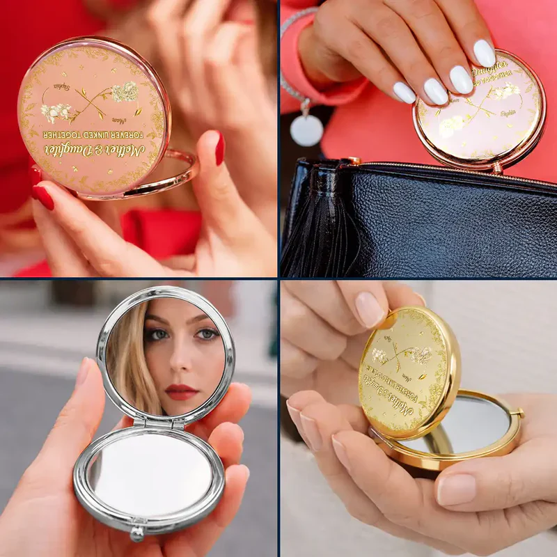 Mother & Daughter Forever Linked Together Metal Compact Mirror, Personalized Floral Pocket Mirror, Sweet Everyday Gift for Mom - Image 5