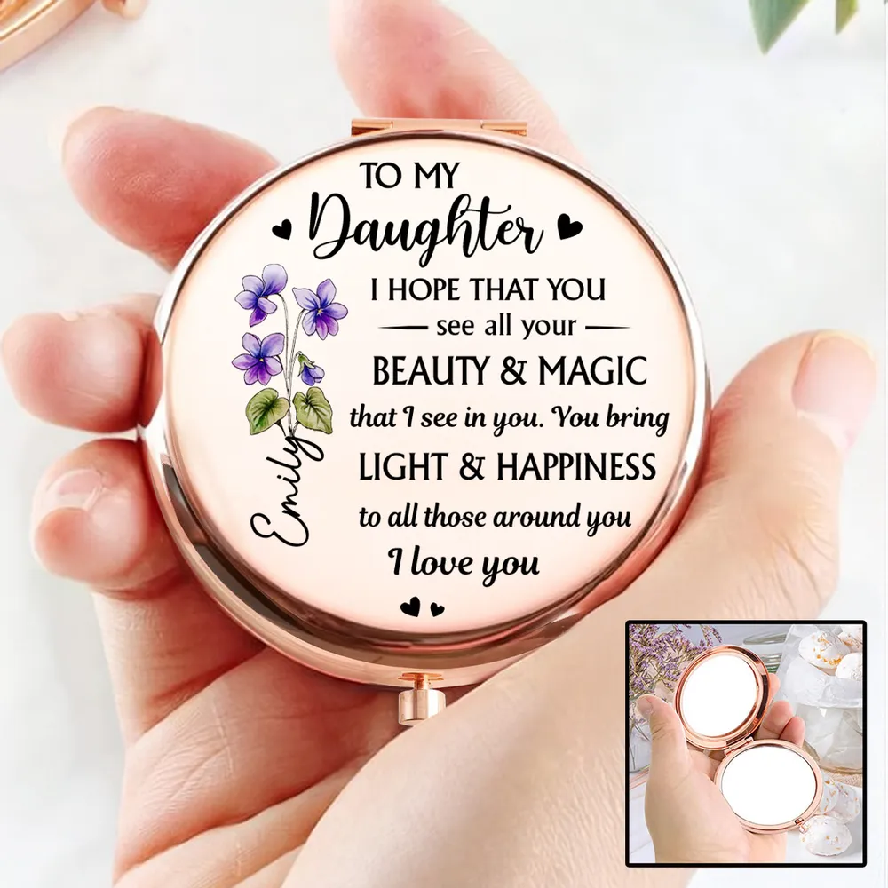 Personalized Metal Compact Mirror for Daughter, Beauty & Magic Quote with Floral Art, Unique Gift for Everyday Smiles - Image 2