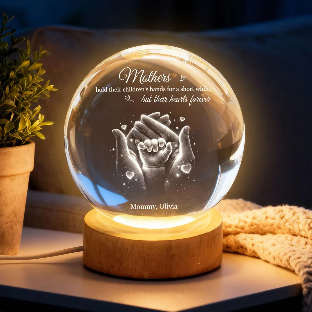 Personalized Crystal Ball LED Night Light Mother & Child Hands Night Light, Heartwarming Keepsake, Unique Gift for Mom - Image 2