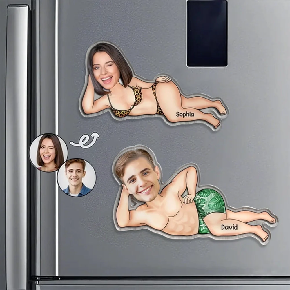 Personalized Funny Face Acrylic Fridge Magnet, Lying Down Pin-Up Style Kitchen Decor, Unique Gag Gift for Couple