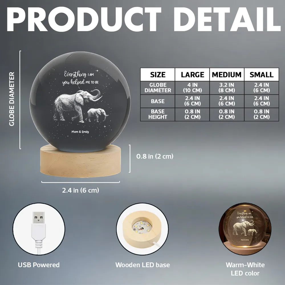 Custom Globe Lamp Night Light with Elephant Mom and Baby, Heartwarming Keepsake Gift for Mom - Image 7