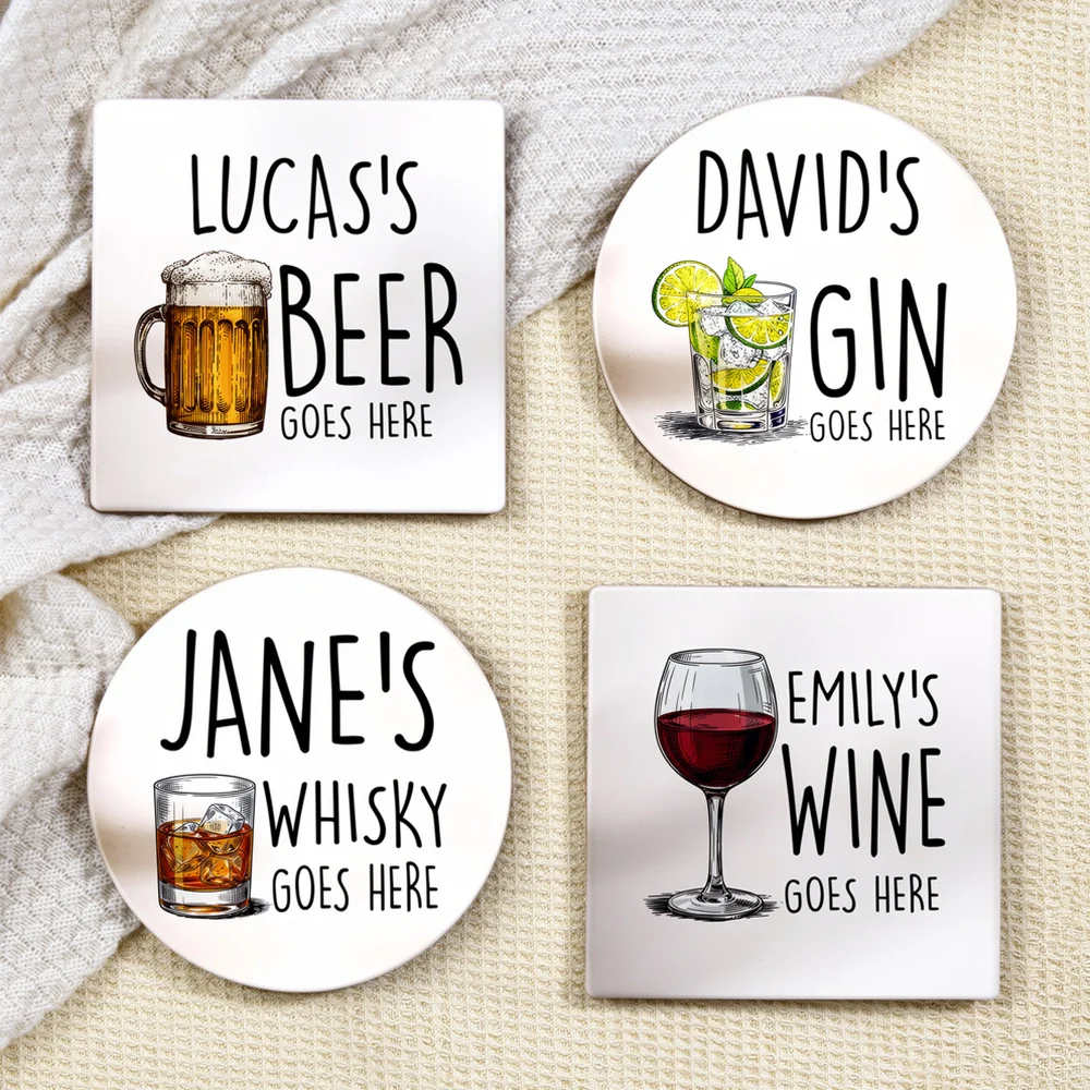 Personalized Round Ceramic Coaster with Custom Drink Text and Cocktail Illustration, Funny Bar Cart Decor, Unique Gift for Him or Her - Image 2