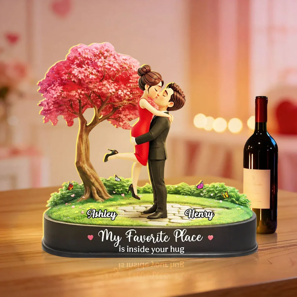 Personalized Acrylic Light Box Kissing Couple Under Pink Tree Night Sky, Warm Glow Unique Romantic Gift for Her or Him