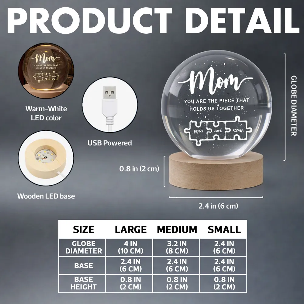 Globe Lamp Personalized for Mom, 'You Are The Piece That Holds Us Together' Puzzle Design, Heartwarming Gift - Image 8
