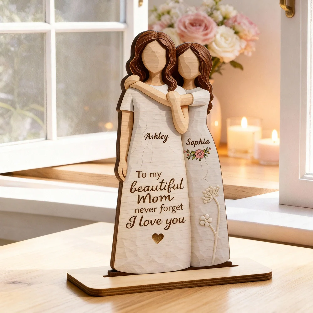 2-Layer Wooden Plaque Personalized for Mom, Sweet Mom and Daughter Hug Decor, Unique Gift With 'Never Forget I Love You'