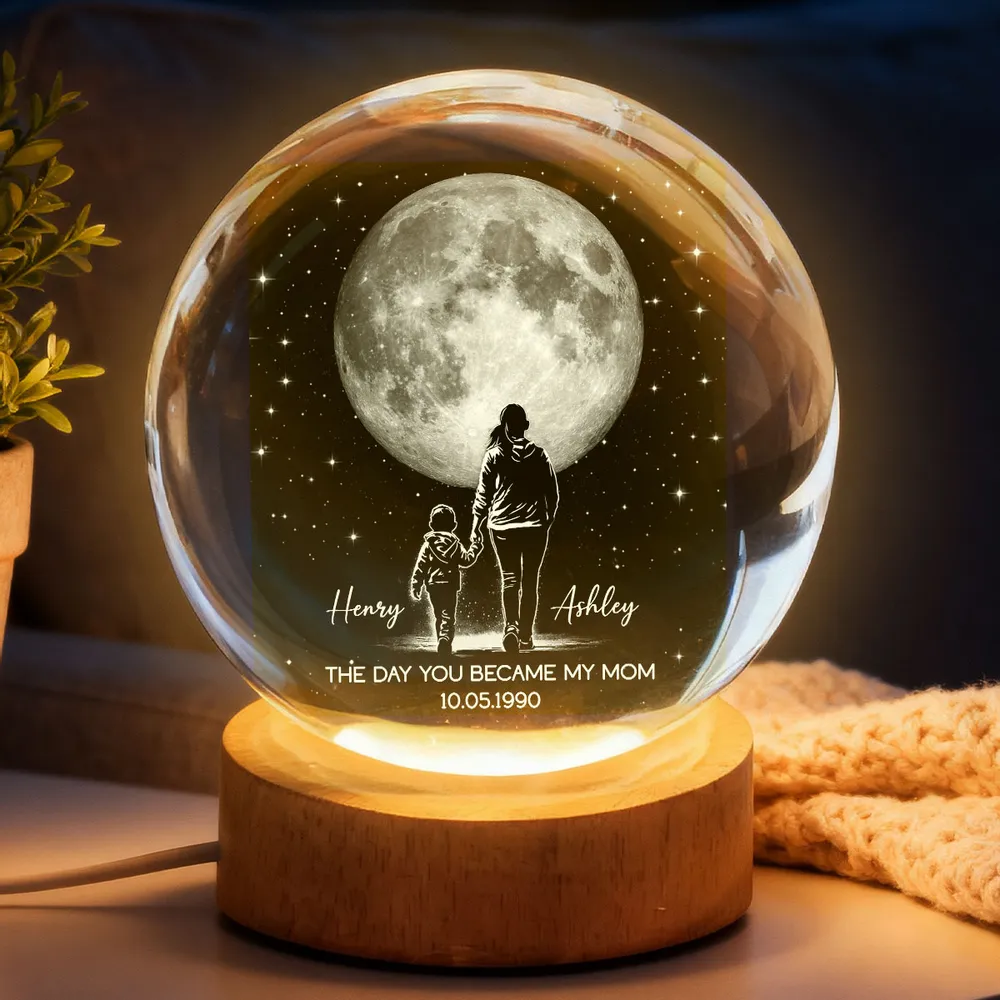 The Day You Became My Mom Personalized Globe Lamp, Mom and Child Under the Moon Night Light, Meaningful Gift - Image 2