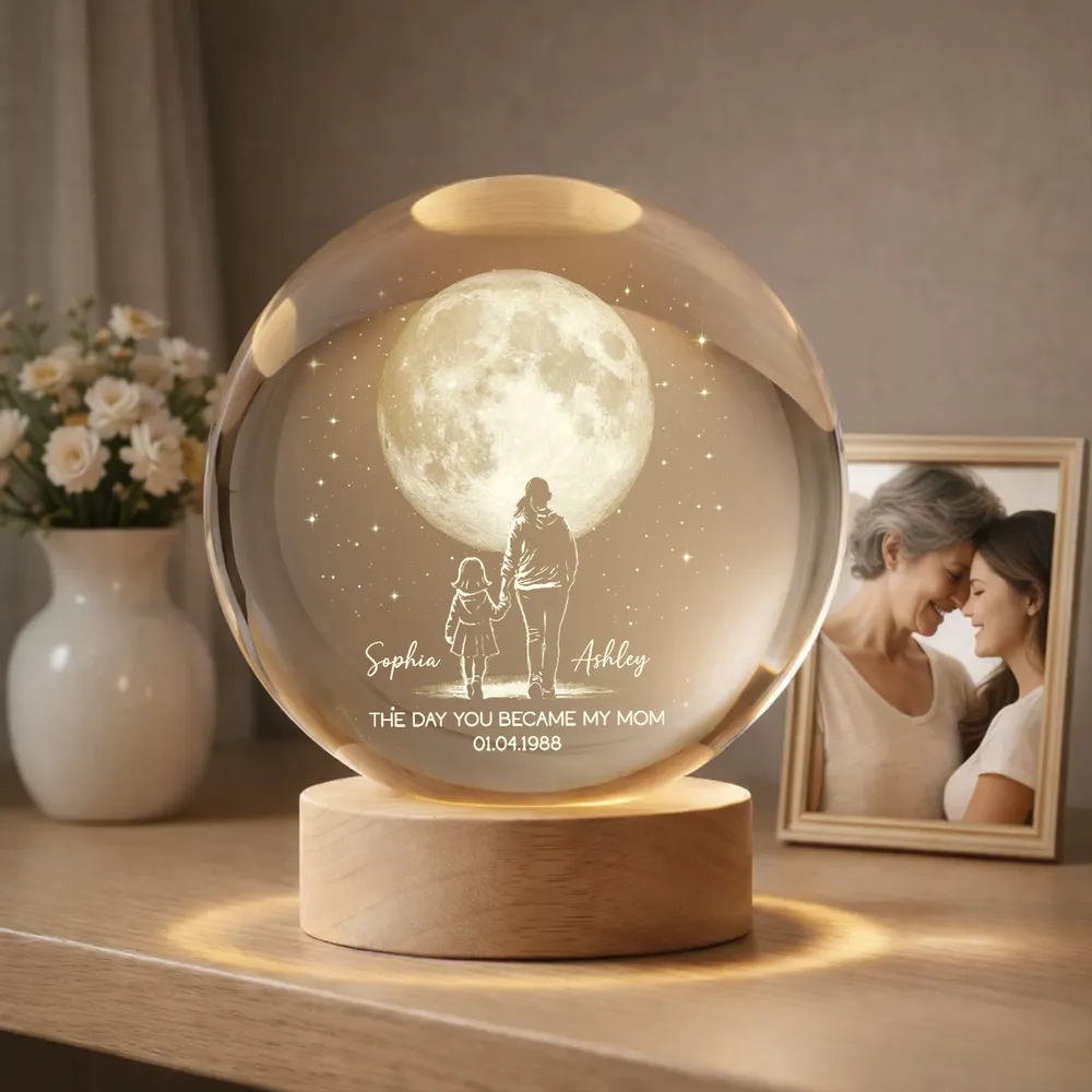 The Day You Became My Mom Personalized Globe Lamp, Mom and Child Under the Moon Night Light, Meaningful Gift - Image 6