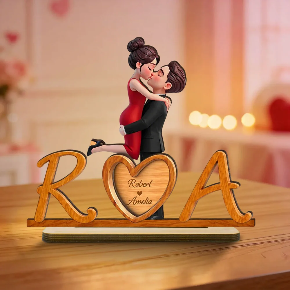 Personalized 2-Layer Wooden Plaque with Couple Kissing and Initials Heart for Desk Decor, Unique Romantic Gift for Her or Him