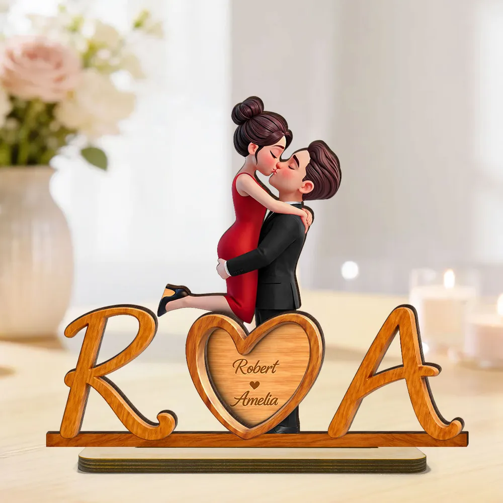 Personalized 2-Layer Wooden Plaque with Couple Kissing and Initials Heart for Desk Decor, Unique Romantic Gift for Her or Him - Image 6