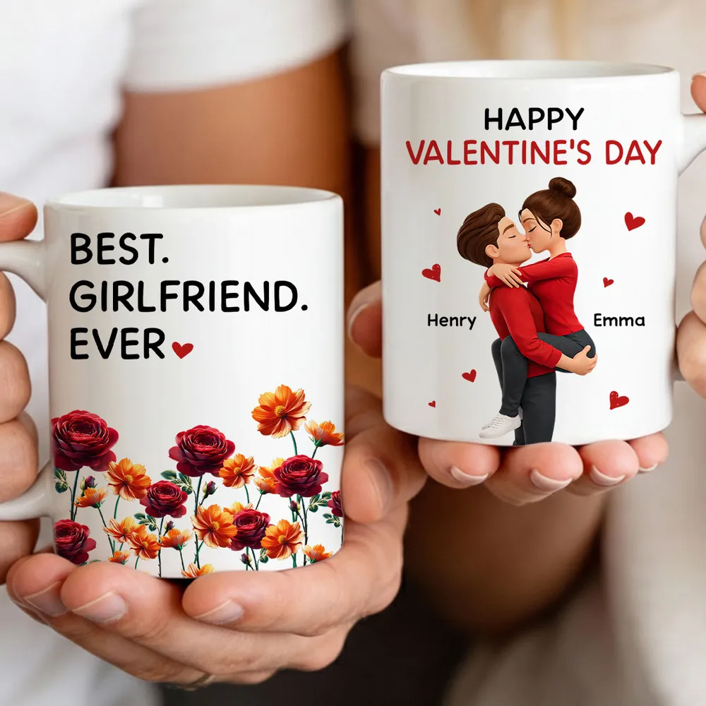 Personalized Valentine's Day Couple Kissing White Ceramic Mug with Birth Flowers, Cute Romantic Gift for Girlfriend or Boyfriend - Image 2