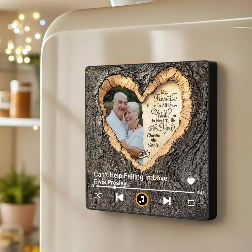 Personalized Acrylic Music Magnet with Couple Photo Heart Woodgrain Look, Romantic Fridge Decor, Unique Gift for Him or Her - Image 3