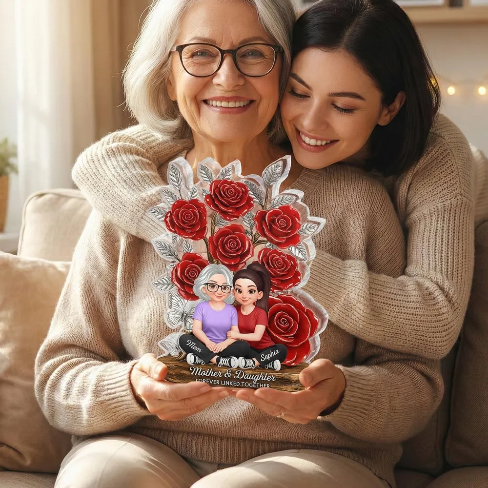 Mother and Daughter Forever Linked Together Shaped Acrylic Block Plaque, Personalized Keepsake Gift for Mom, Rose Decor - Image 3