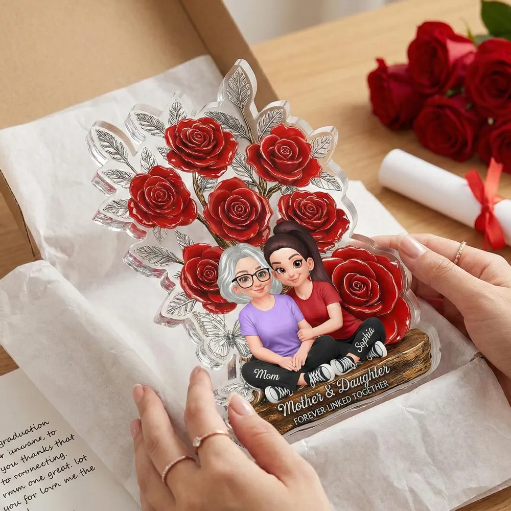 Mother and Daughter Forever Linked Together Shaped Acrylic Block Plaque, Personalized Keepsake Gift for Mom, Rose Decor - Image 7