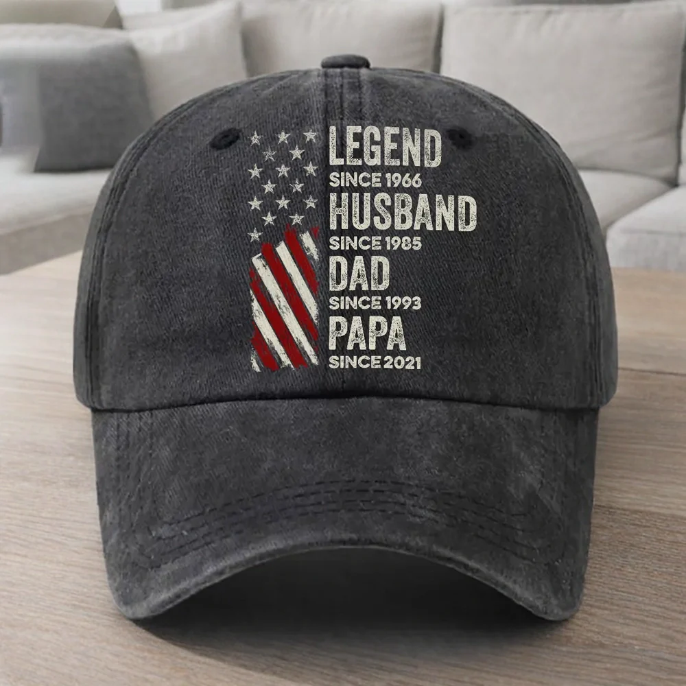 Washed Denim Baseball Cap with Legend Husband Dad Papa Style Graphic, Personalized Unique Gift for Dad with a Vintage Vibe