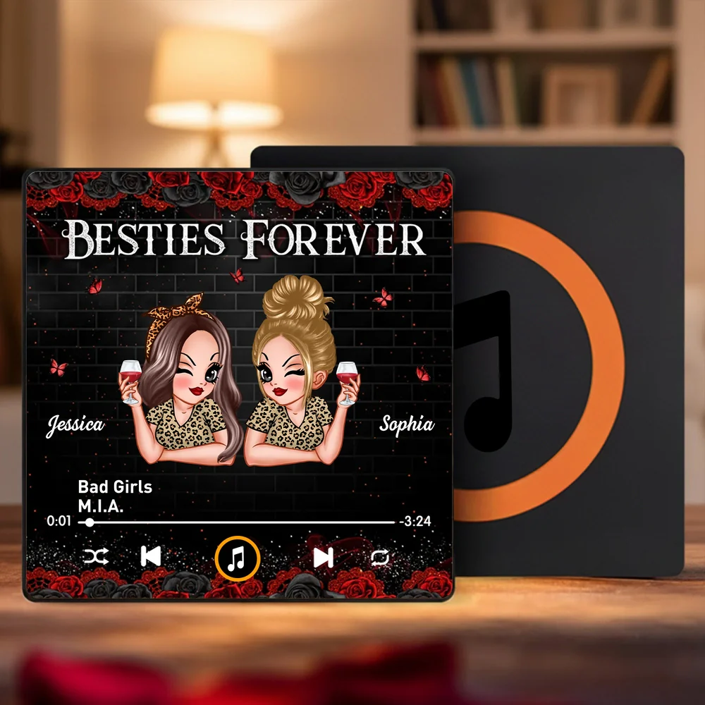 Acrylic Music Magnet Besties Forever Friendship Gift, Personalized Cute Leopard Outfit Bestie Art for Fridge Decor and Everyday Smiles