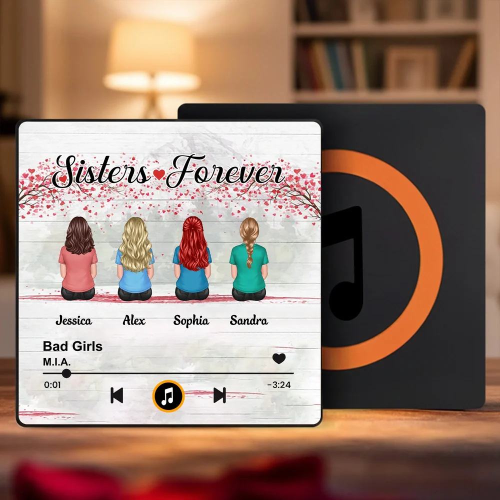 Personalized Acrylic Music Magnet Sisters Forever Back View Sitting Friends, Cute Fridge Decor, Unique Gift for Sister