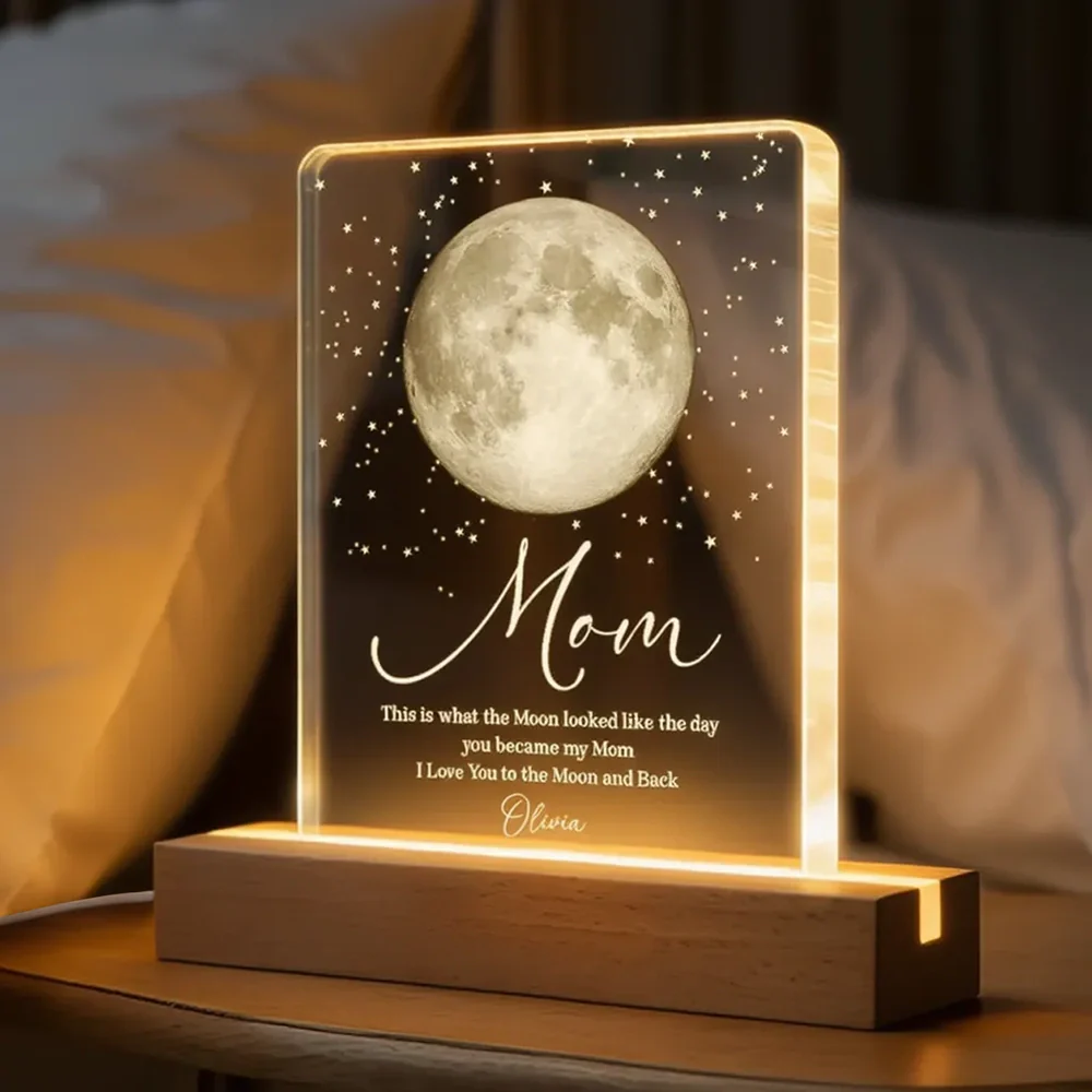 Personalized Moon Phase Block LED Light Plaque for Mom, Starry Night Bedside Decor, Unique Heartfelt Gift