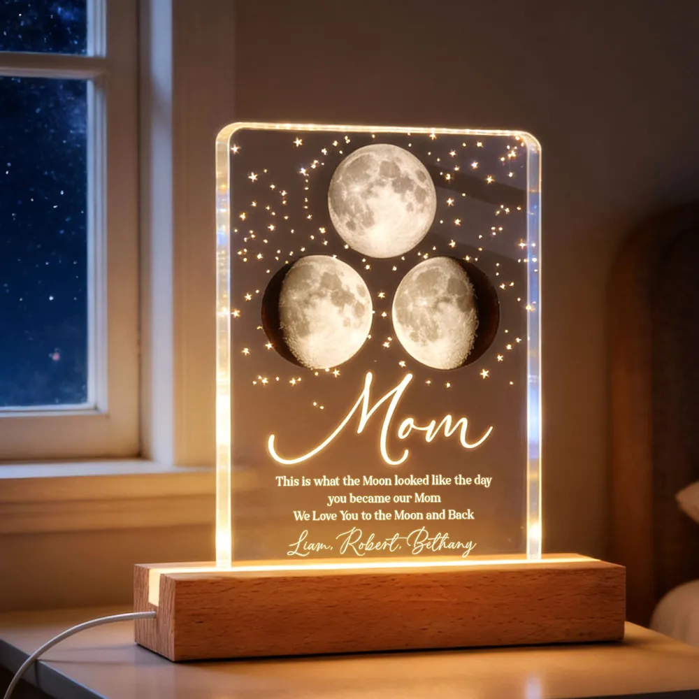 Personalized Moon Phase Block LED Light Plaque for Mom, Starry Night Bedside Decor, Unique Heartfelt Gift - Image 2