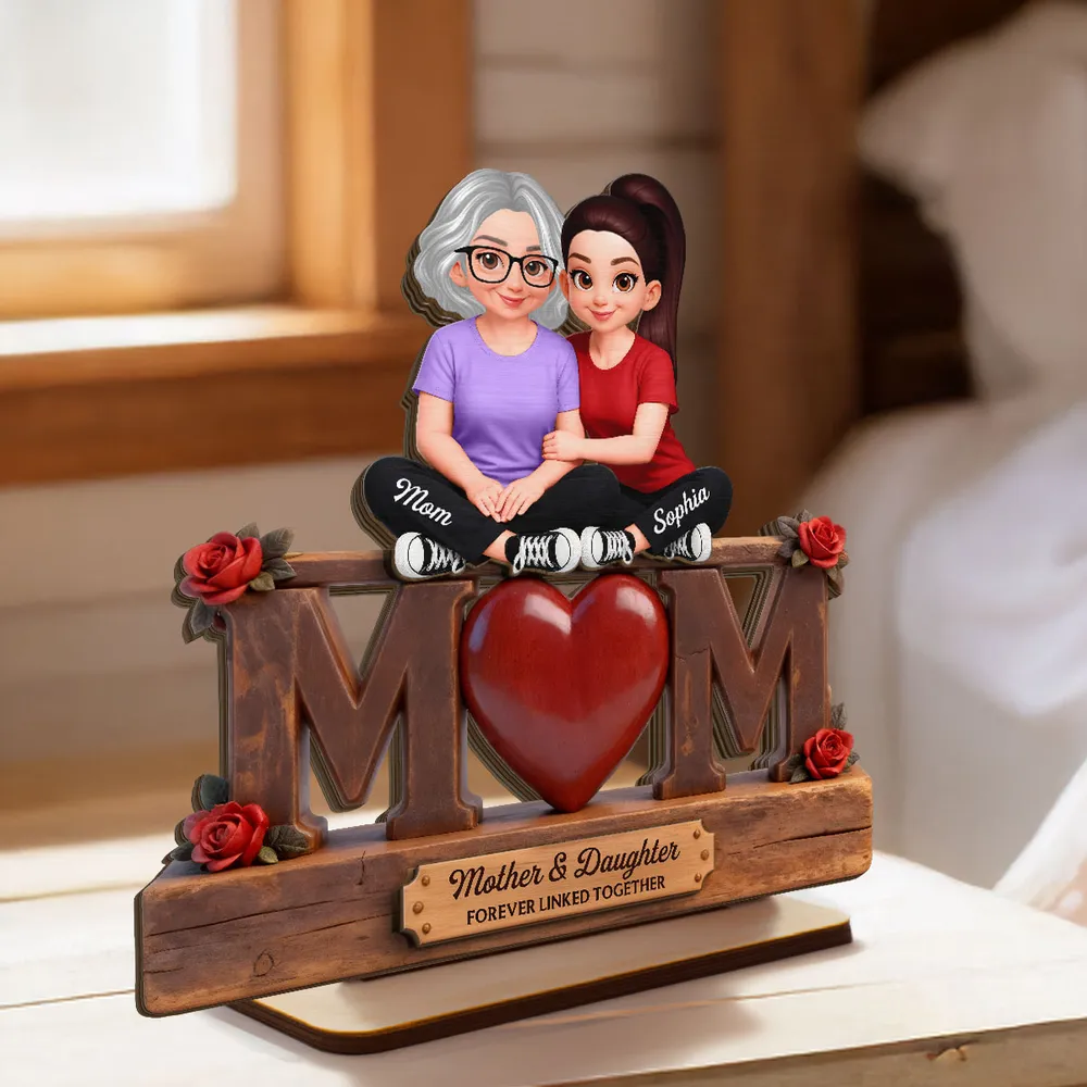 Personalized 2-Layer Wooden Plaque Mother & Daughter Forever Linked Together, MOM Heart Roses, Unique Gift for Mom - Image 2