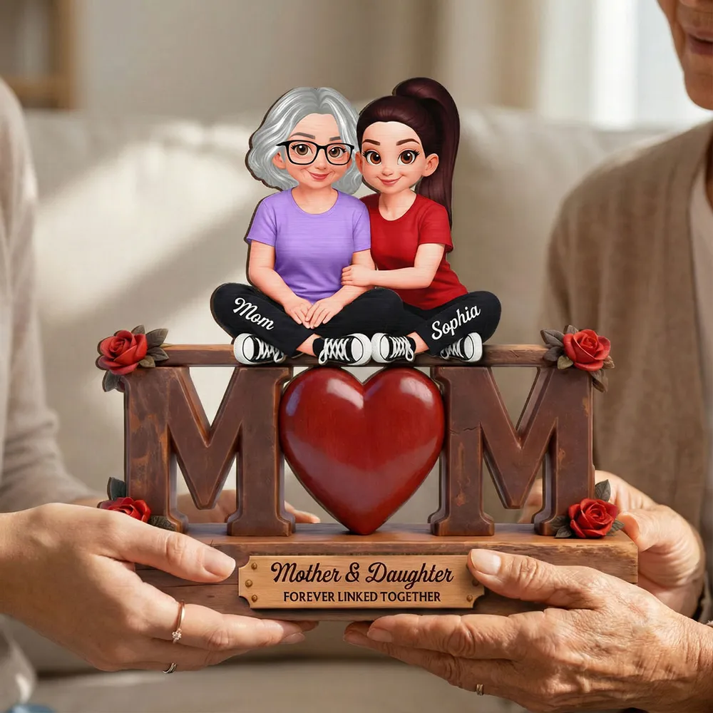 Personalized 2-Layer Wooden Plaque Mother & Daughter Forever Linked Together, MOM Heart Roses, Unique Gift for Mom - Image 3