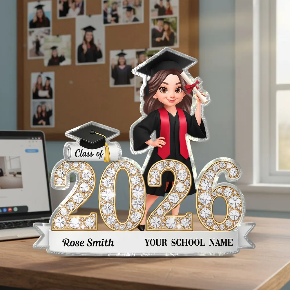 Shaped Acrylic Block Plaque Sparkly Class Of Grad Girl Holding Diploma Desk Decor - Unique Graduation Gift - Image 2