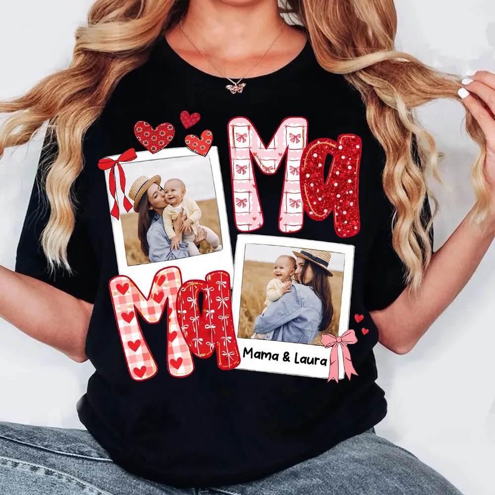 Custom Mama Classic Tee with Mom and Child Hugging Photos Red Valentine Style Hearts A Heartwarming Unique Gift - Image 4