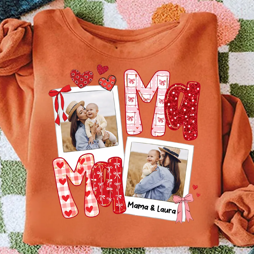 Custom Mama Classic Tee with Mom and Child Hugging Photos Red Valentine Style Hearts A Heartwarming Unique Gift - Image 5