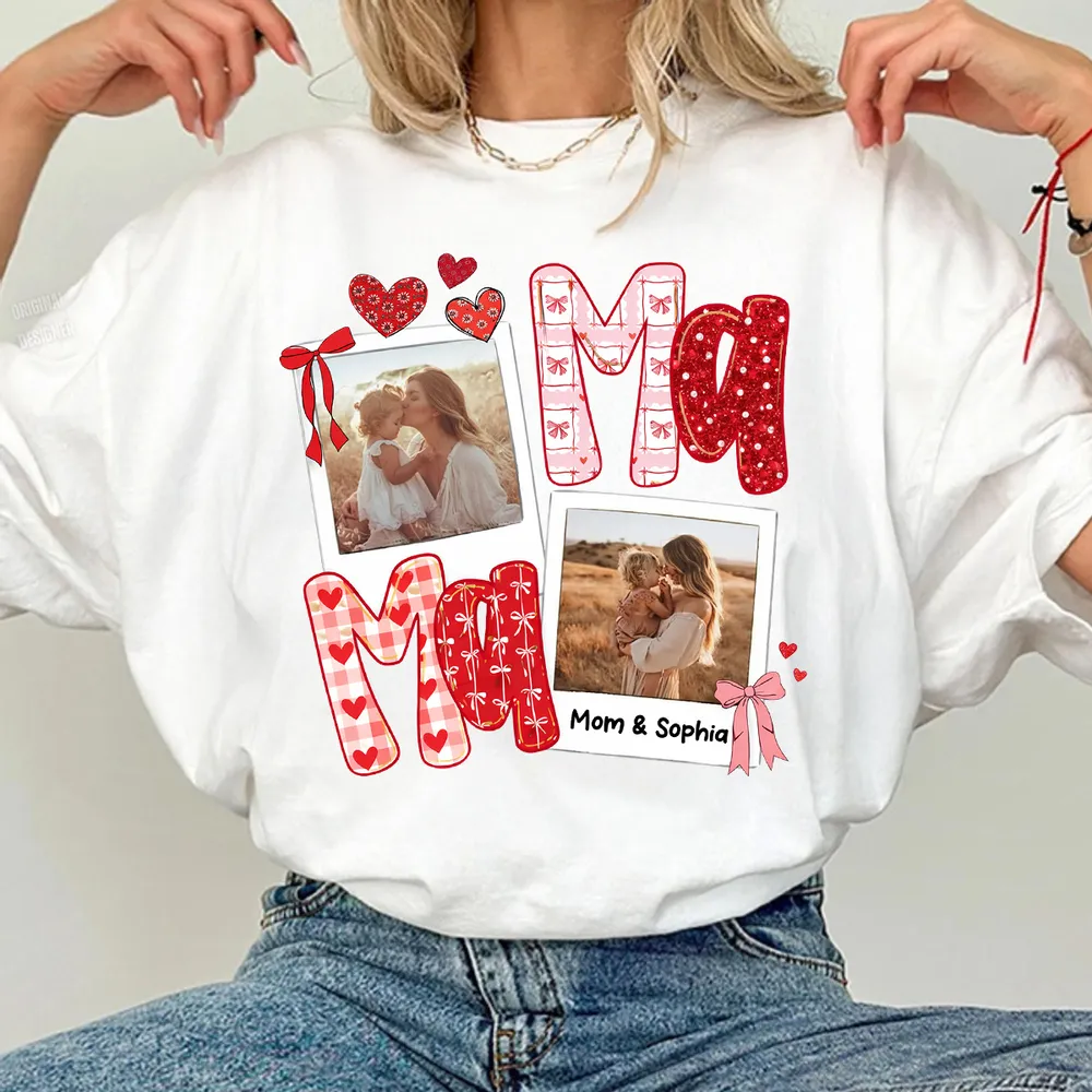Custom Mama Classic Tee with Mom and Child Hugging Photos Red Valentine Style Hearts A Heartwarming Unique Gift - Image 6