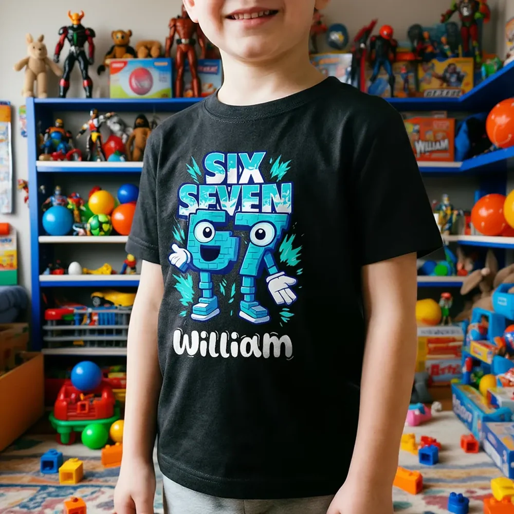 Classic Tee Six Seven Gamer Cartoon Graphic for Kids Bedroom Vibes, Funny Playful Style, Unique Gift for Boys
