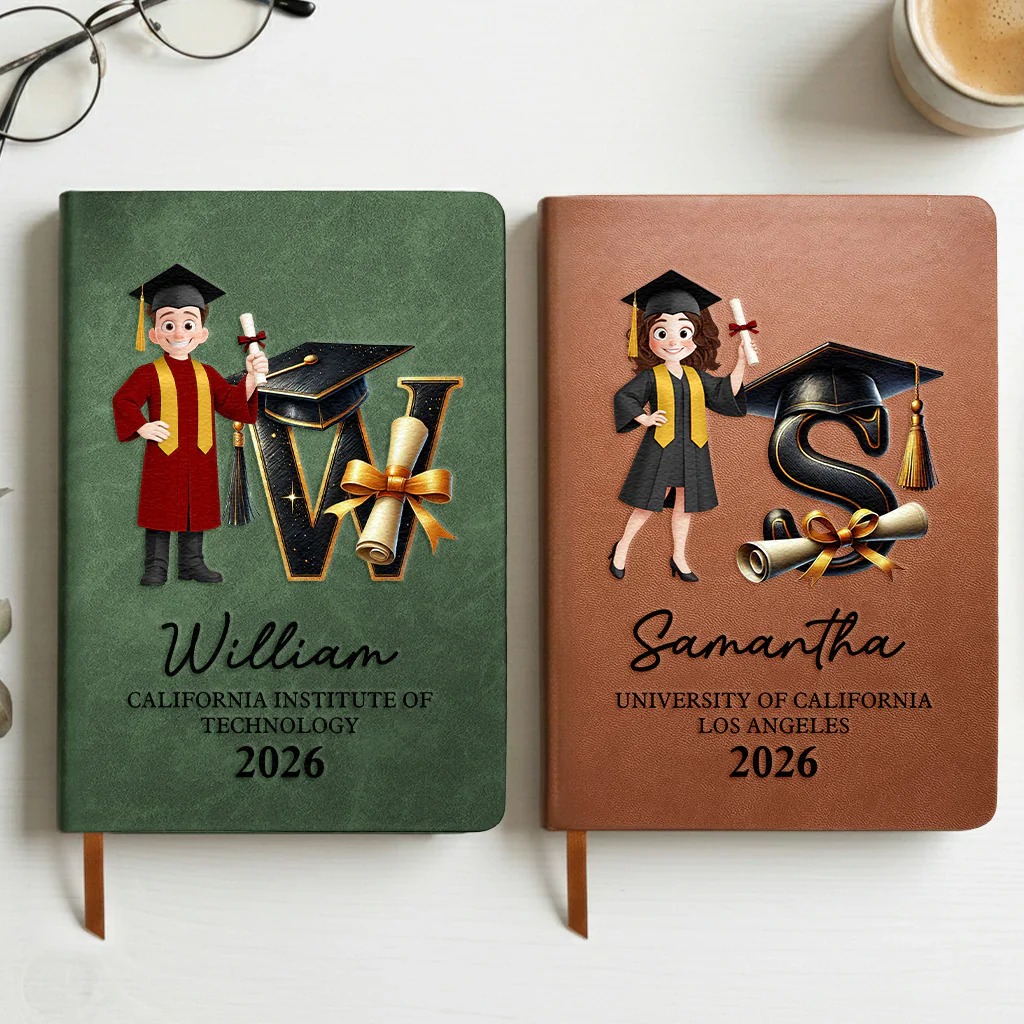 Personalized Graduation Cartoon Leather Journal With Initial, Cap & Diploma, Unique Gift For the Grad - Image 2