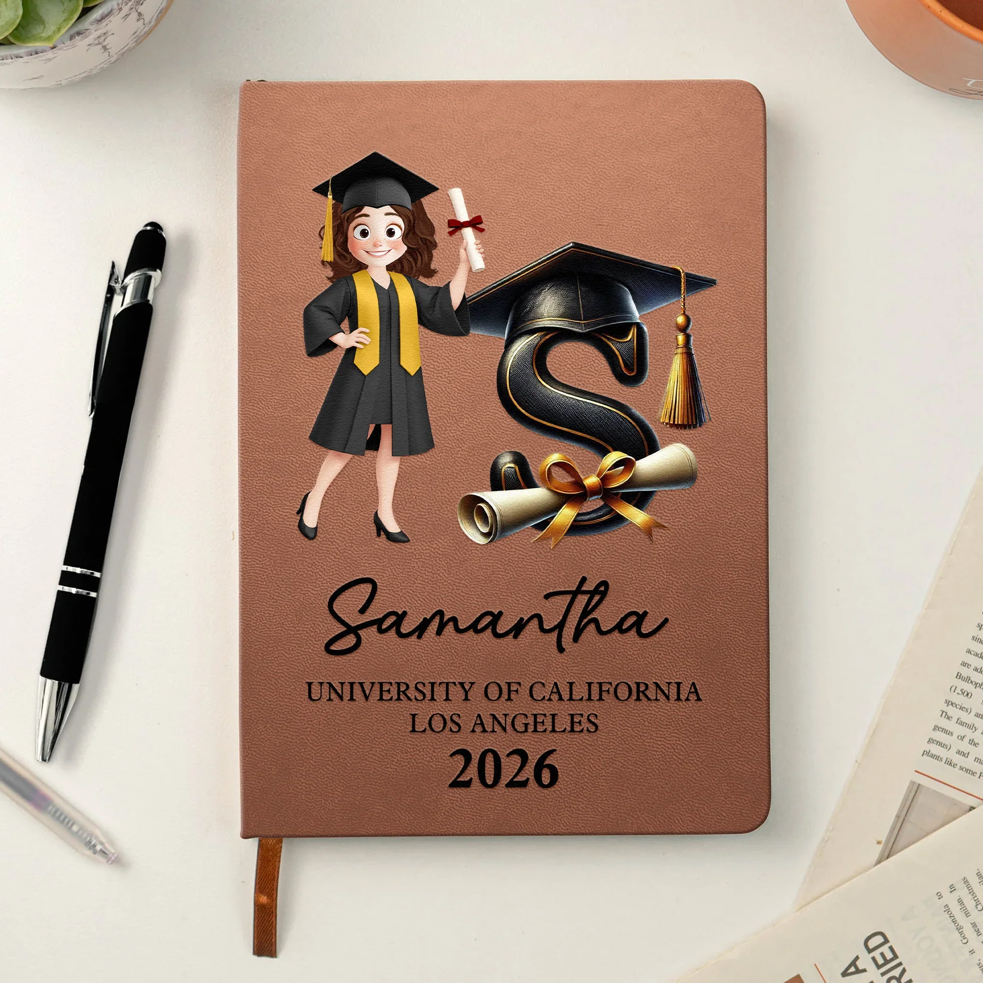Personalized Graduation Cartoon Leather Journal With Initial, Cap & Diploma, Unique Gift For the Grad - Image 3