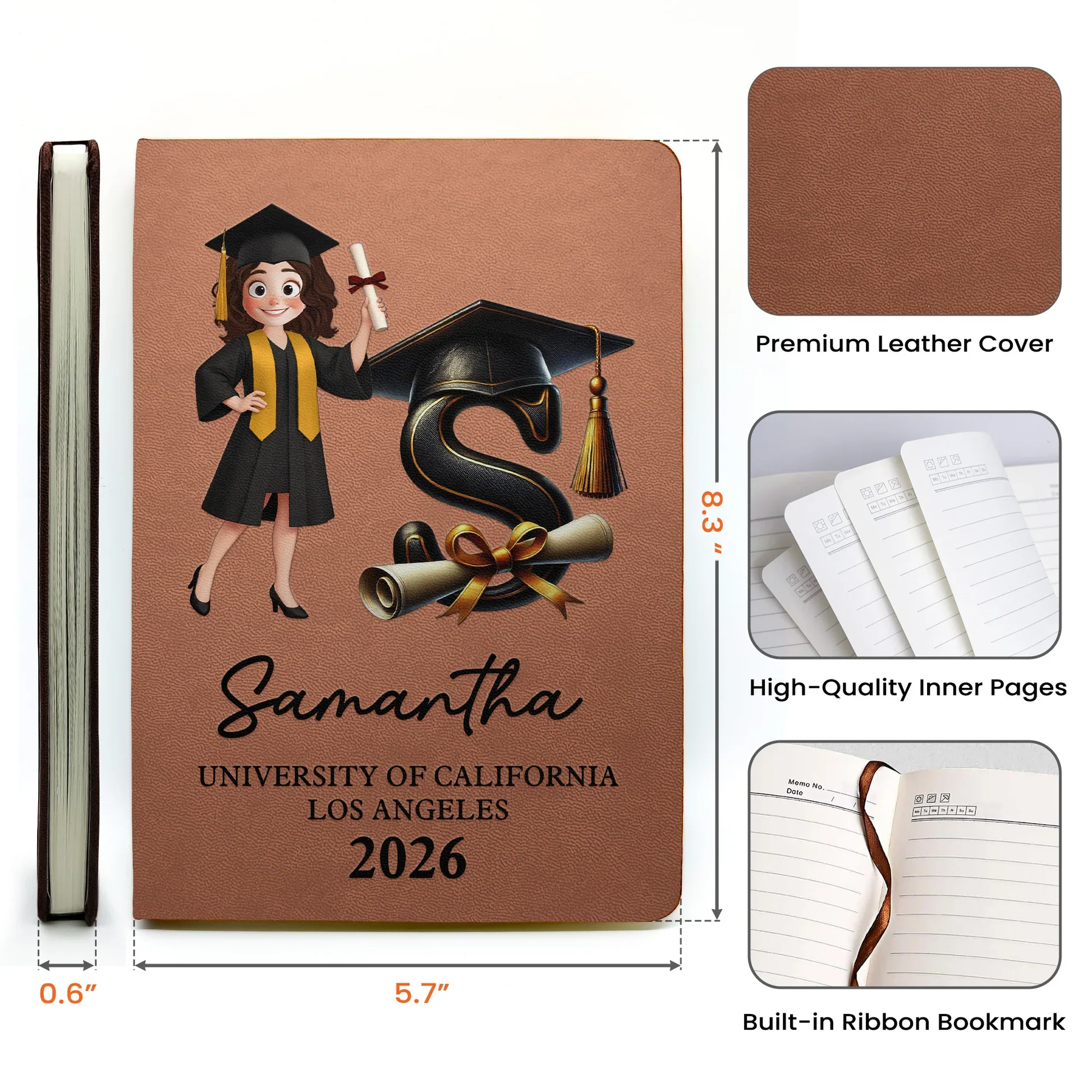 Personalized Graduation Cartoon Leather Journal With Initial, Cap & Diploma, Unique Gift For the Grad - Image 4