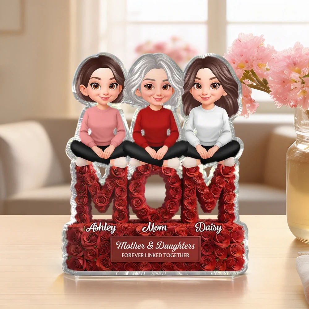 Shaped Acrylic Block Plaque for Mom, Personalized Mother and Kids Love Memory Decor with Rose MOM Design, Thoughtful Gift
