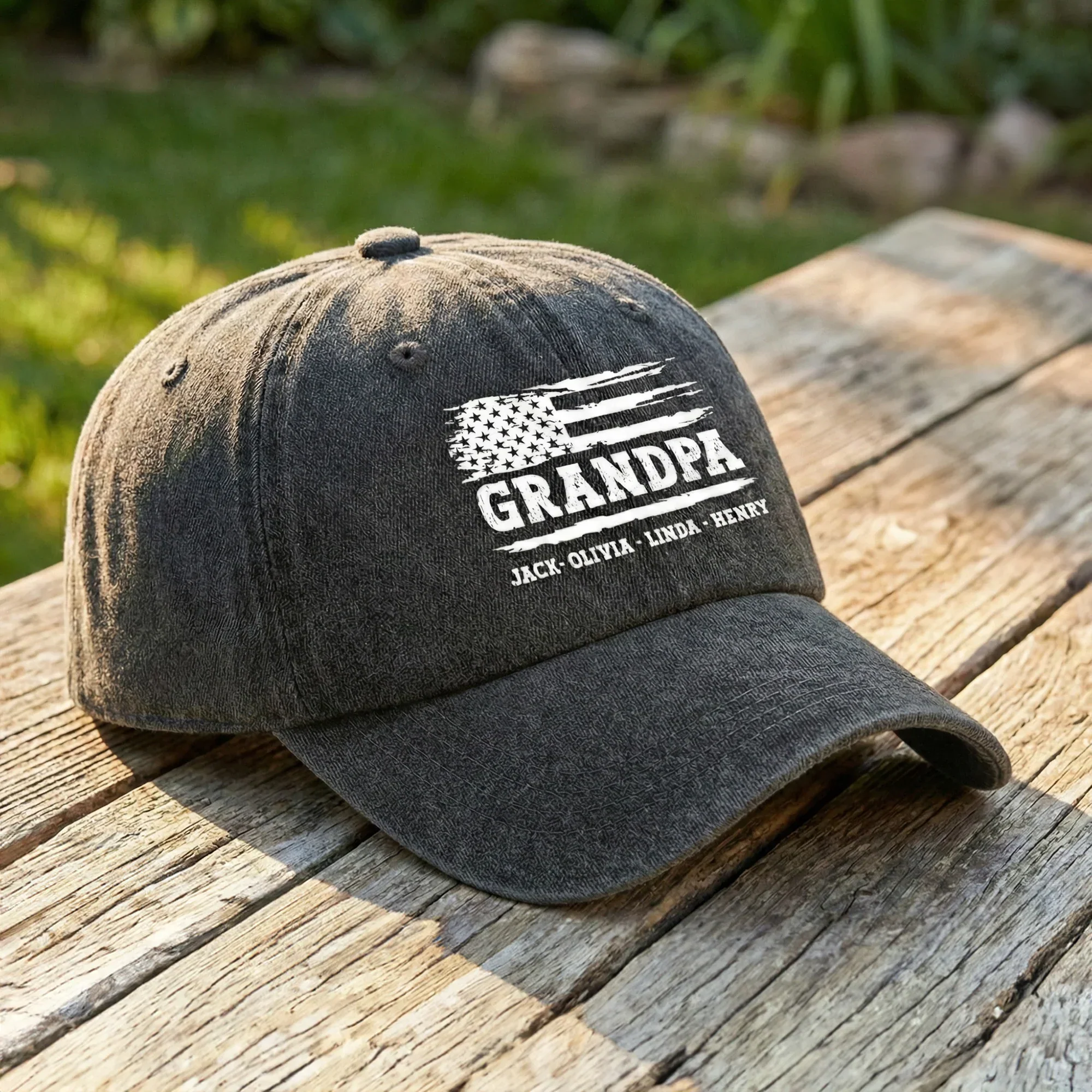 Personalized Washed Denim Baseball Cap with Distressed USA Flag Grandpa Design, Unique Father's Day Gift - Image 2