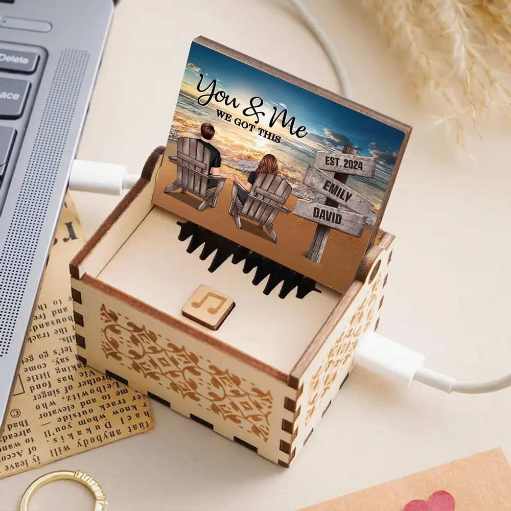 You & Me Beach Sunset Couple Wooden Music Box, Personalized Keepsake Gift for Couples to Remember Your Favorite Moment - Image 4