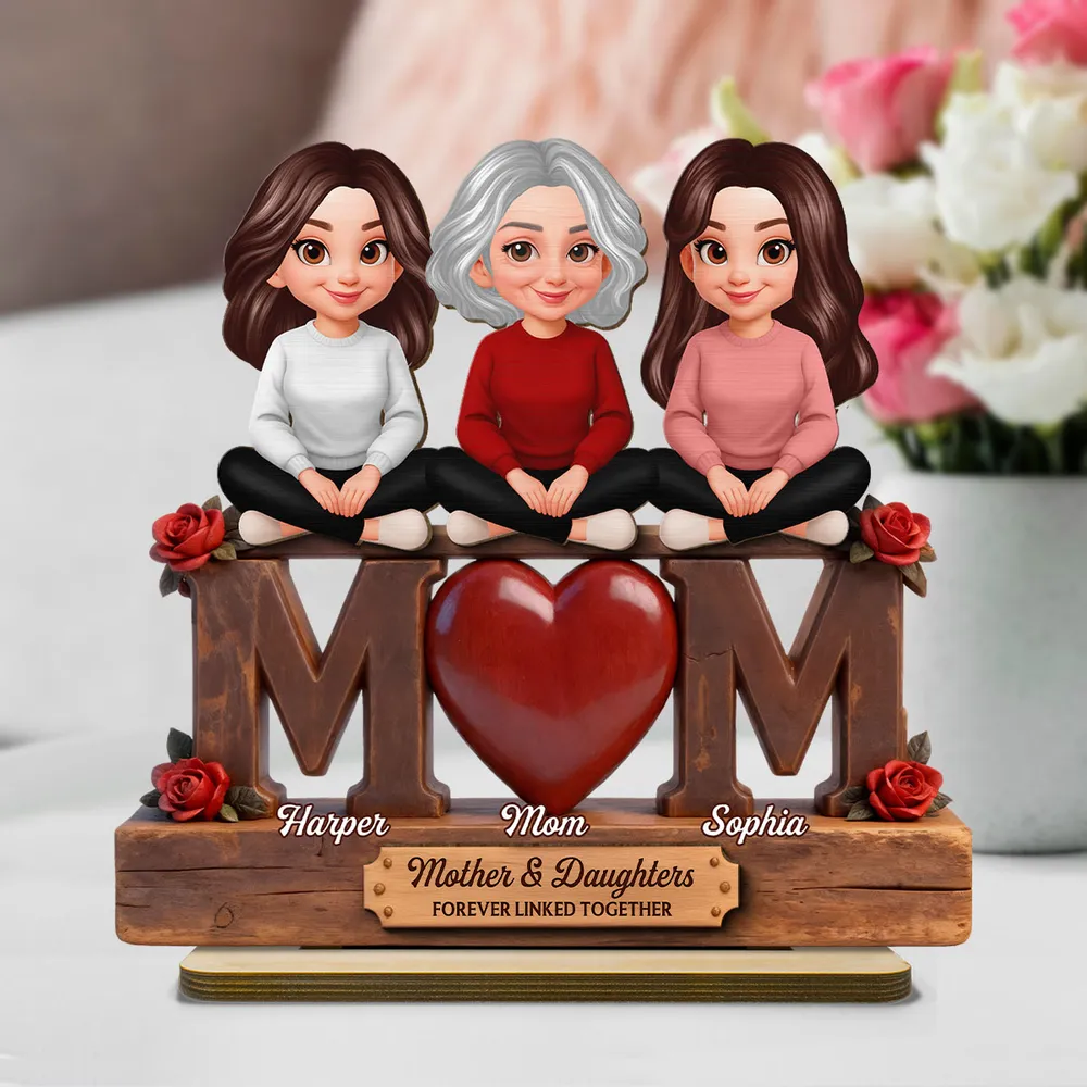 Personalized 2-Layer Wooden Plaque Mom and Daughters Cartoon Sitting on MOM Heart - Unique Mother's Day Gift - Image 2