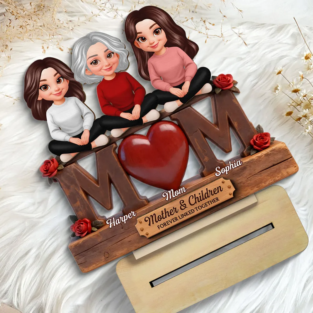 Personalized 2-Layer Wooden Plaque Mom and Daughters Cartoon Sitting on MOM Heart - Unique Mother's Day Gift - Image 3