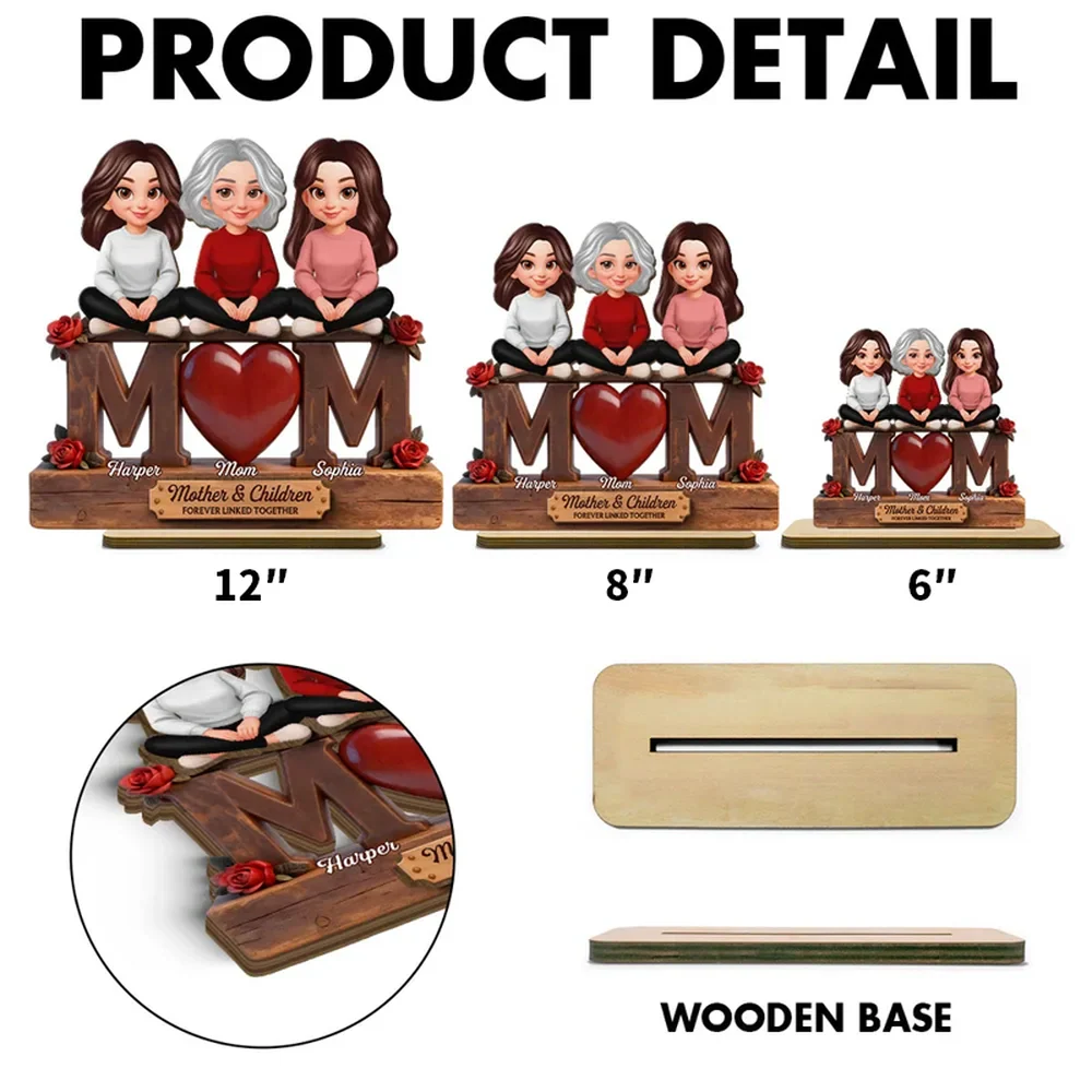 Personalized 2-Layer Wooden Plaque Mom and Daughters Cartoon Sitting on MOM Heart - Unique Mother's Day Gift - Image 4