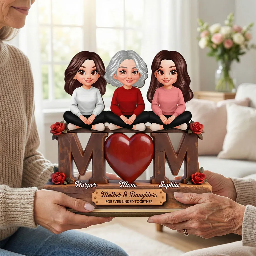 Personalized 2-Layer Wooden Plaque Mom and Daughters Cartoon Sitting on MOM Heart - Unique Mother's Day Gift - Image 5