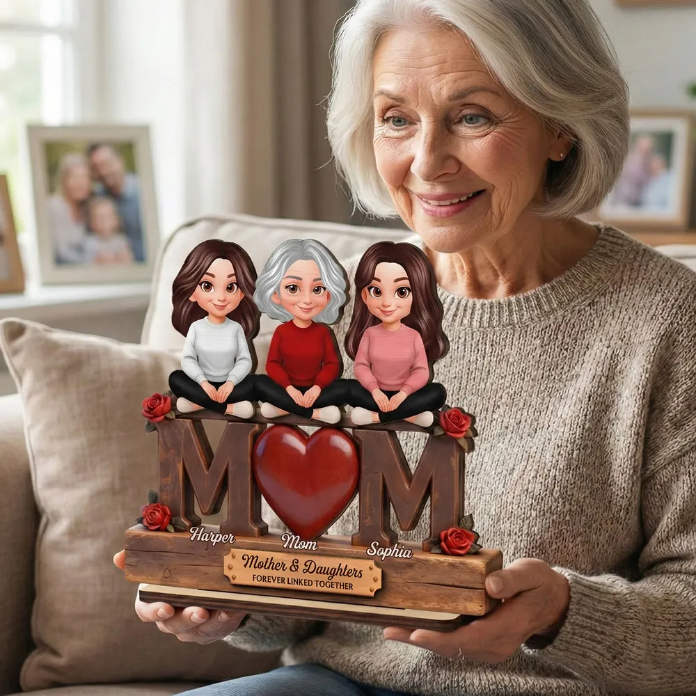 Personalized 2-Layer Wooden Plaque Mom and Daughters Cartoon Sitting on MOM Heart - Unique Mother's Day Gift - Image 8