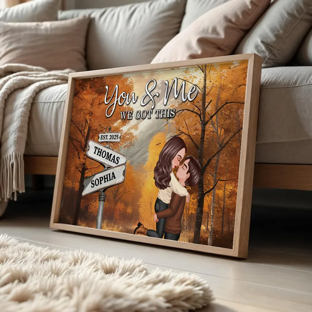 Personalized Couple Kissing at Crossroads Street Sign Poster, Cozy Autumn Wall Art, Unique Gift for Couples - Image 5