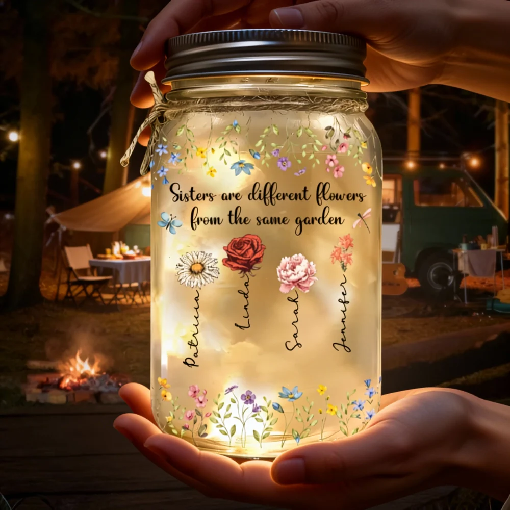 Glass Mason Jar Light 'Sisters are different flowers from the same garden', Personalized Keepsake, Thoughtful Sister Gift - Image 2