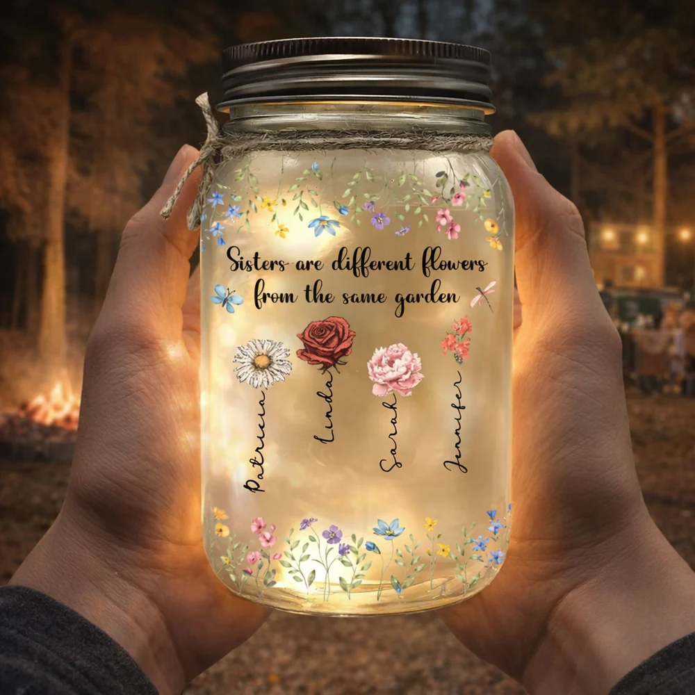 Glass Mason Jar Light 'Sisters are different flowers from the same garden', Personalized Keepsake, Thoughtful Sister Gift - Image 3